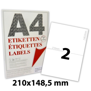 200 Klebeetiketten Universal zum Bedrucken | 210x148,5 mm | hochweiß | 1x2 Etiketten pro Blatt | 100 Bögen DIN A4 | LCI (Laser Copy Ink)