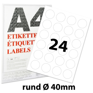 2400 Klebeetiketten Universal zum Bedrucken | 40 mm rund | hochweiß | 4x6 Etiketten pro Blatt | 100 Bögen DIN A4 | LCI (Laser Copy Ink)