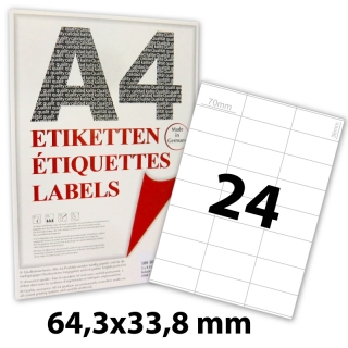 2400 Klebeetiketten Universal zum Bedrucken | 64,3x33,8 mm | hochweiß | 3x8 Etiketten pro Blatt | 100 Bögen DIN A4 | LCI (Laser Copy Ink)