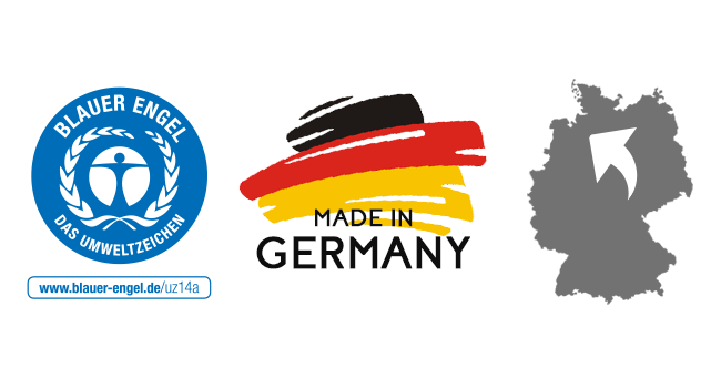 Auf dem Bild sind drei Grafiken zu sehen. Die Grafik ganz links ist das Logo des Umweltzeichens Blauer Engel. Darunter befindet sich der Link zum Umweltzeichen Blauer Engel des versando EcoWhite Papiers. Dieser ist www.blauer-engel.de/uz14a. In der Mitte sieht man eine Deutschlandflagge, darunter steht "Made in Germany". Die rechte Grafik ist eine Deutschlandkarte auf die ein Pfeil in den Norden des Landes sein. Hier ist die Fabrik von versando EcoWhite Papier. 
